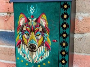 Colorful Native Wolf Colonial Mailbox Cover