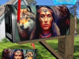 Native Girls with Wolves Decorative Rural Farm Mailbox Cover