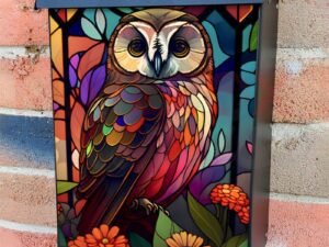 Stained Glass Owl and Flowers Design Colonial Mailbox Cover