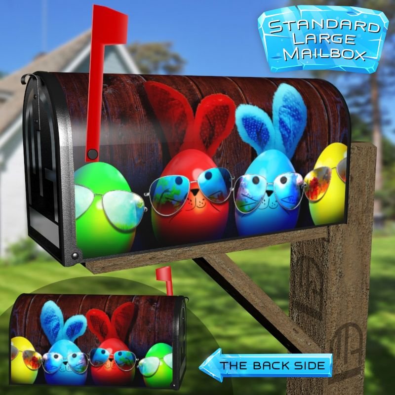 Colorful Easter Eggs in Sunglasses On Wooden Table Decorative Rural Farm Mailbox Cover