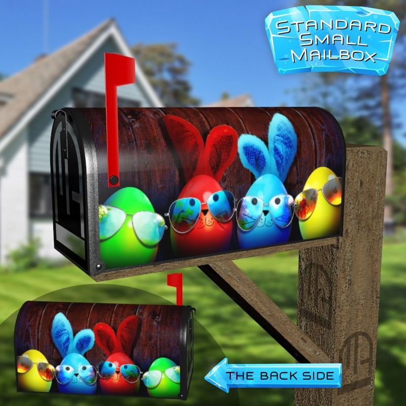 Colorful Easter Eggs in Sunglasses On Wooden Table Decorative Rural Farm Mailbox Cover - Image 2