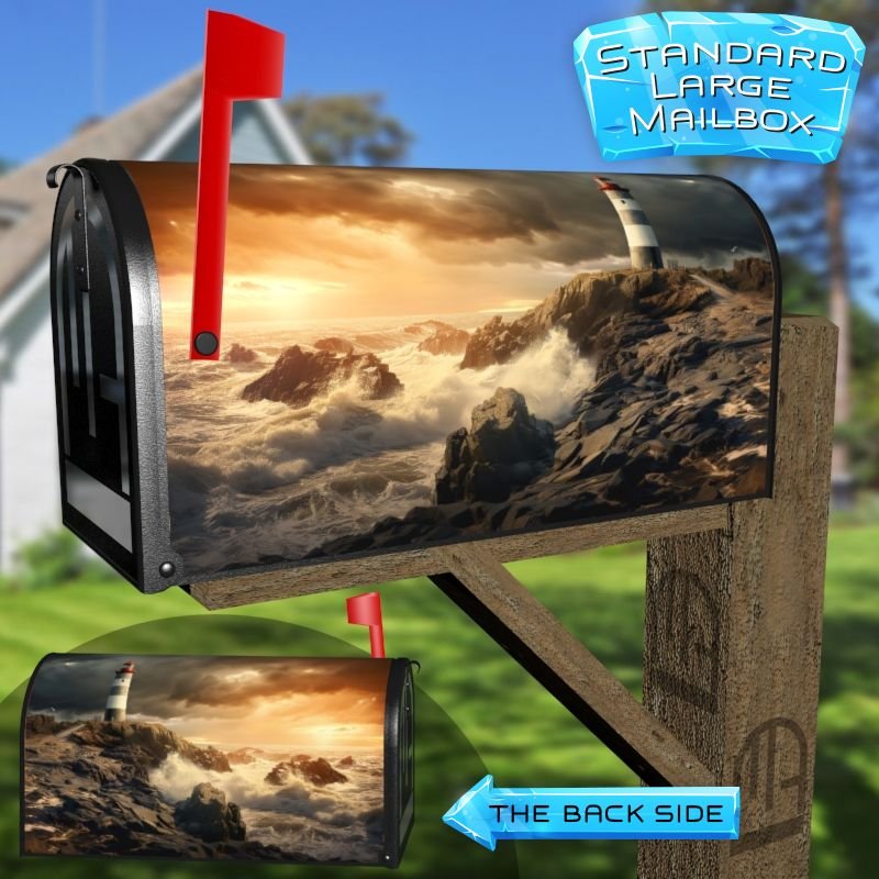 Beautiful Gray and White Striped Lighthouse On The Rocks at Sunset Decorative Rural Farm Mailbox Cover