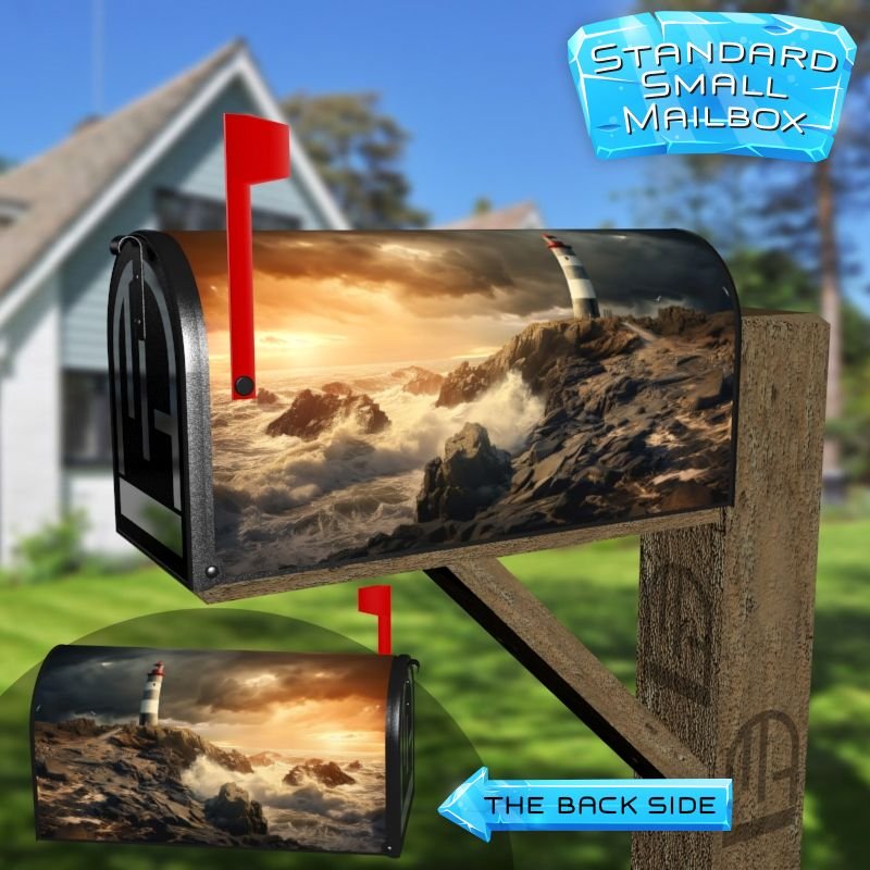 Beautiful Gray and White Striped Lighthouse On The Rocks at Sunset Decorative Rural Farm Mailbox Cover - Image 2