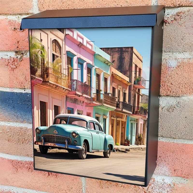 Classic Vintage Blue Retro Car on a Colorful Street Colonial Mailbox Cover