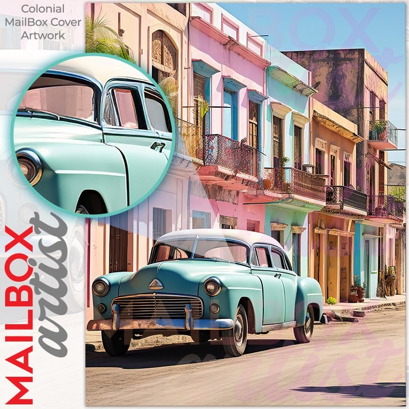 Classic Vintage Blue Retro Car on a Colorful Street Colonial Mailbox Cover - Image 2
