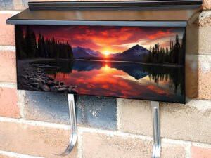 Beautiful Landscape With Lake And Mountains At Sunset Townhouse Mailbox Cover
