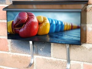 Close Up Of Red Yellow And Blue Boxing Gloves Townhouse Mailbox Cover