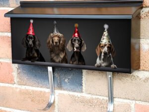 Four Dogs In Birthday Hats Townhouse Mailbox Cover