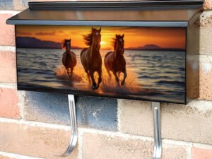 Horses Running On Beach Through Sea At Sunset Townhouse Mailbox Cover