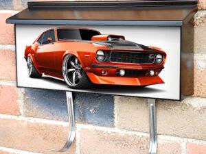 Realisitc Cartoon Illustration Of Red Muscle Sportcar Townhouse Mailbox Cover