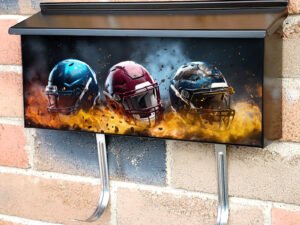Three Football Helmets On The Ground Townhouse Mailbox Cover