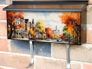 Picturesque Charming Waterpainted City Street In Autumn Townhouse Mailbox Cover