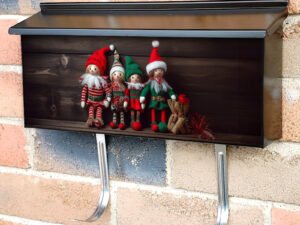 Christmas Elves Toys On Wooden Background Townhouse Mailbox Cover