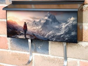 Girl Tourist In The Mountains With A Backpack Townhouse Mailbox Cover