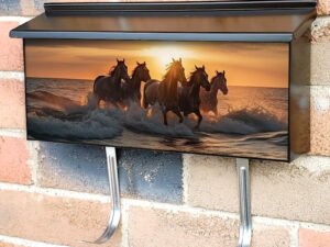 Herd Of Horses Galloping In The Sea At Sunset In Summer Townhouse Mailbox Cover