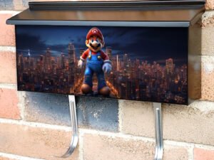 Nintendo Mario Bros Standing On Top Of A Building In A City Townhouse Mailbox Cover