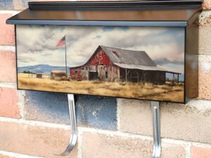 Rural Landscape With Barn And American Flag Townhouse Mailbox Cover