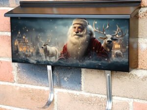 Santa Claus And Reindeer In The Christmas Holiday Townhouse Mailbox Cover