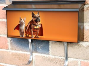 Superpet Cat And Dog As Superheroes With Cape Background Townhouse Mailbox Cover