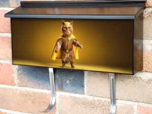 Superpet Cat As Superhero With Cape On Yellow Background Townhouse Mailbox Cover
