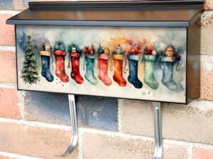 Watercolor Christmas Stockings Hanging Fireside Snowy Scene Townhouse Mailbox Cover