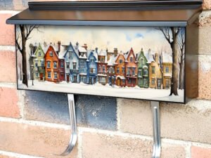 Whimsical Snowy Canadian City Waterpainted Townhouse Mailbox Cover
