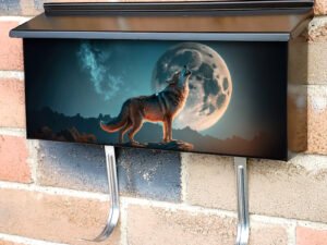 Wolf Standing On Hill And Howling At The Full Moon Townhouse Mailbox Cover