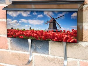 Traditional Dutch Windmill And Colorful Red Tulips Townhouse Mailbox Cover