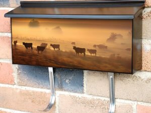 Panorama Of Grazing Cows In A Foggy Meadow Townhouse Mailbox Cover