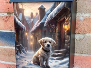 Winter Puppy in an Old Village Colonial Mailbox Cover