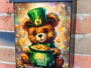 St. Patrick Day Teddy Bear with Gold Colonial Mailbox Cover