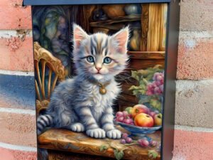Cute Grey Cat on the Table Colonial Mailbox Cover