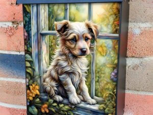 Farmhouse Puppy in the Window Colonial Mailbox Cover