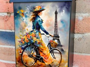 Lady with a Bicycle in Paris Colonial Mailbox Cover