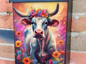 Farmhouse Cow with Flowers Colonial Mailbox Cover