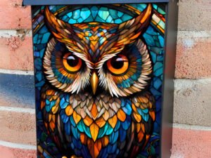 Colorful Stained Glass  Owl Colonial Mailbox Cover
