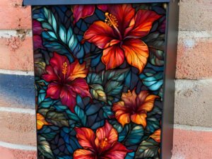 Stained  Glass Hibiscus Flowers Colonial Mailbox Cover