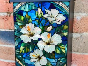 Stained Glass White Hibiscus Colonial Mailbox Cover