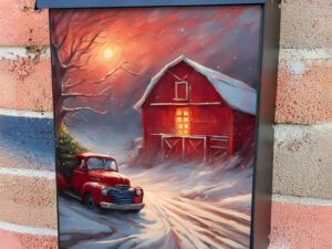 Red Truck with Christmas Tree at the Barn Colonial Mailbox Cover
