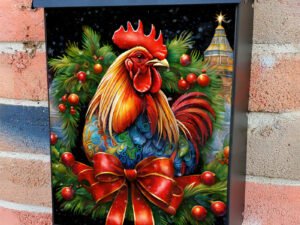 Pretty Christmas Rooster Colonial Mailbox Cover