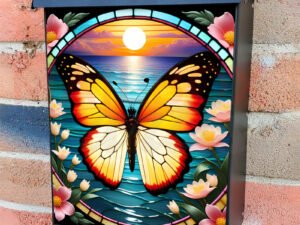 Stained Glass Summer Butterfly Colonial Mailbox Cover