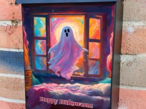 Pink Ghost at the Window Colonial Mailbox Cover