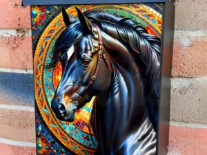 Gorgeous Mosaic Black Horse Colonial Mailbox Cover