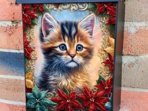 Stained Glass Christmas Kitten 2 Colonial Mailbox Cover