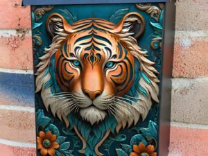Tooled Leather Tiger and Flowers Colonial Mailbox Cover