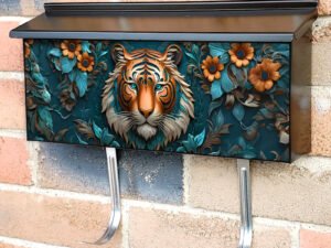 Tooled Leather Tiger and Flowers Townhouse Mailbox Cover