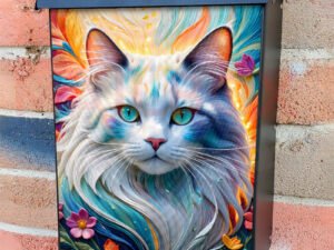 Beautiful White Cat and Flowers 2 Colonial Mailbox Cover