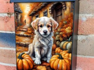 Pumpkin Puppy in the Village Colonial Mailbox Cover