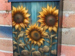 Rustic Blue Wood and Sunflowers Colonial Mailbox Cover