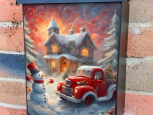 Happy Snowman with a Christmas Truck Colonial Mailbox Cover